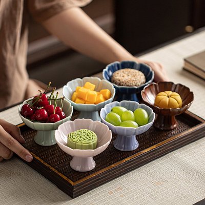 陶瓷小号精致高足点心盘中式高脚茶点盘复古禅意干果家用水果盘子