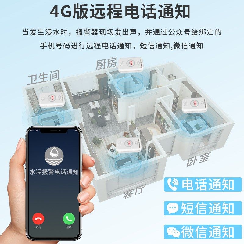 漏水报警器WiFi跑水厨房家用水淹感应探测器警报器4G水浸传感器
