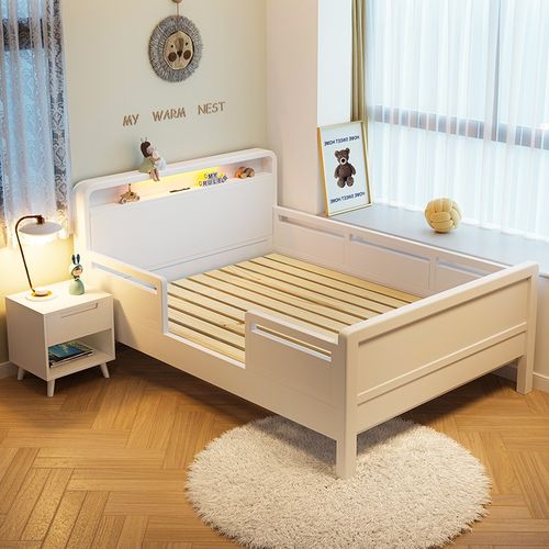 儿童实木床带护栏防摔男女孩床单人1米2床次卧1.5m白色围栏拼接床