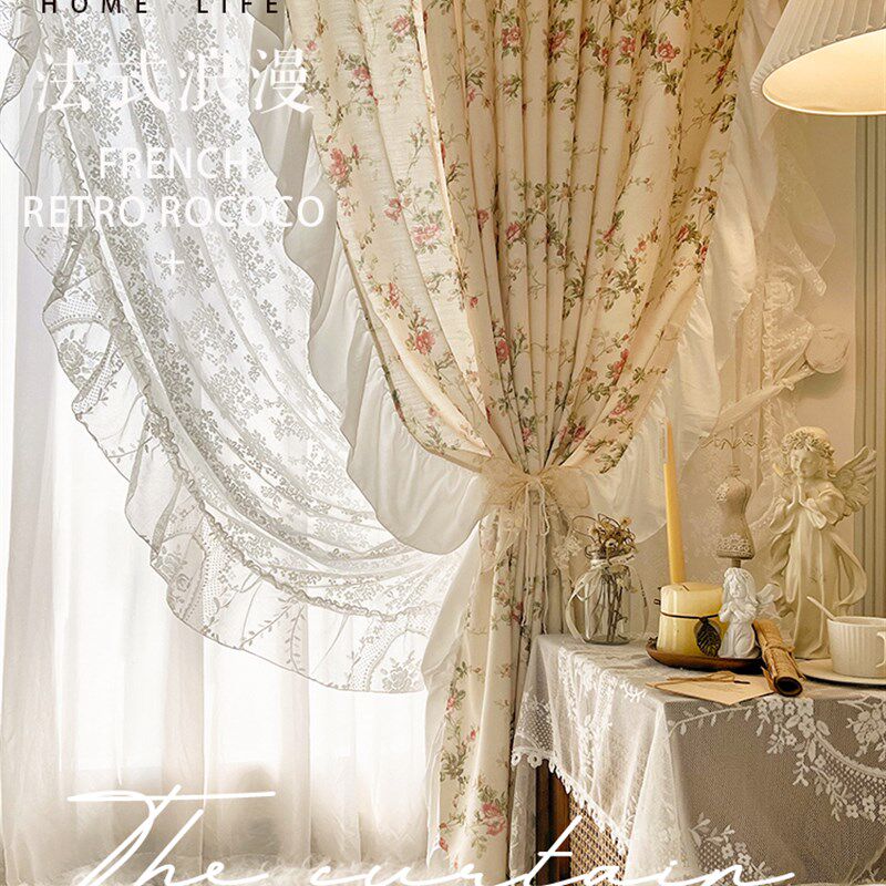 韩式田园碎花法式复古宫廷风蕾丝花边飘窗窗帘卧室阳台棉麻印花布
