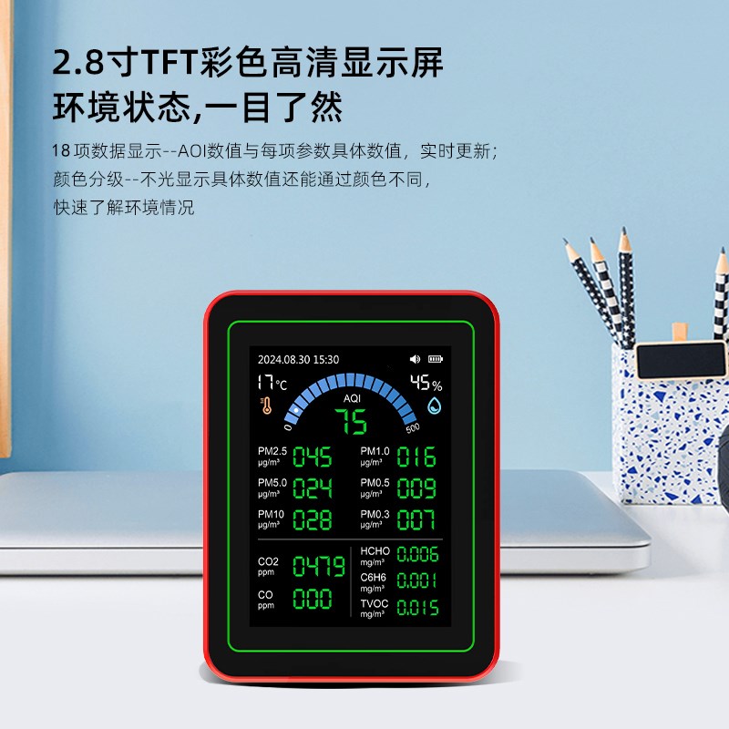 18合1甲醛检测仪二氧化碳检测仪pm2.5VOC报警器户外空气质量温度