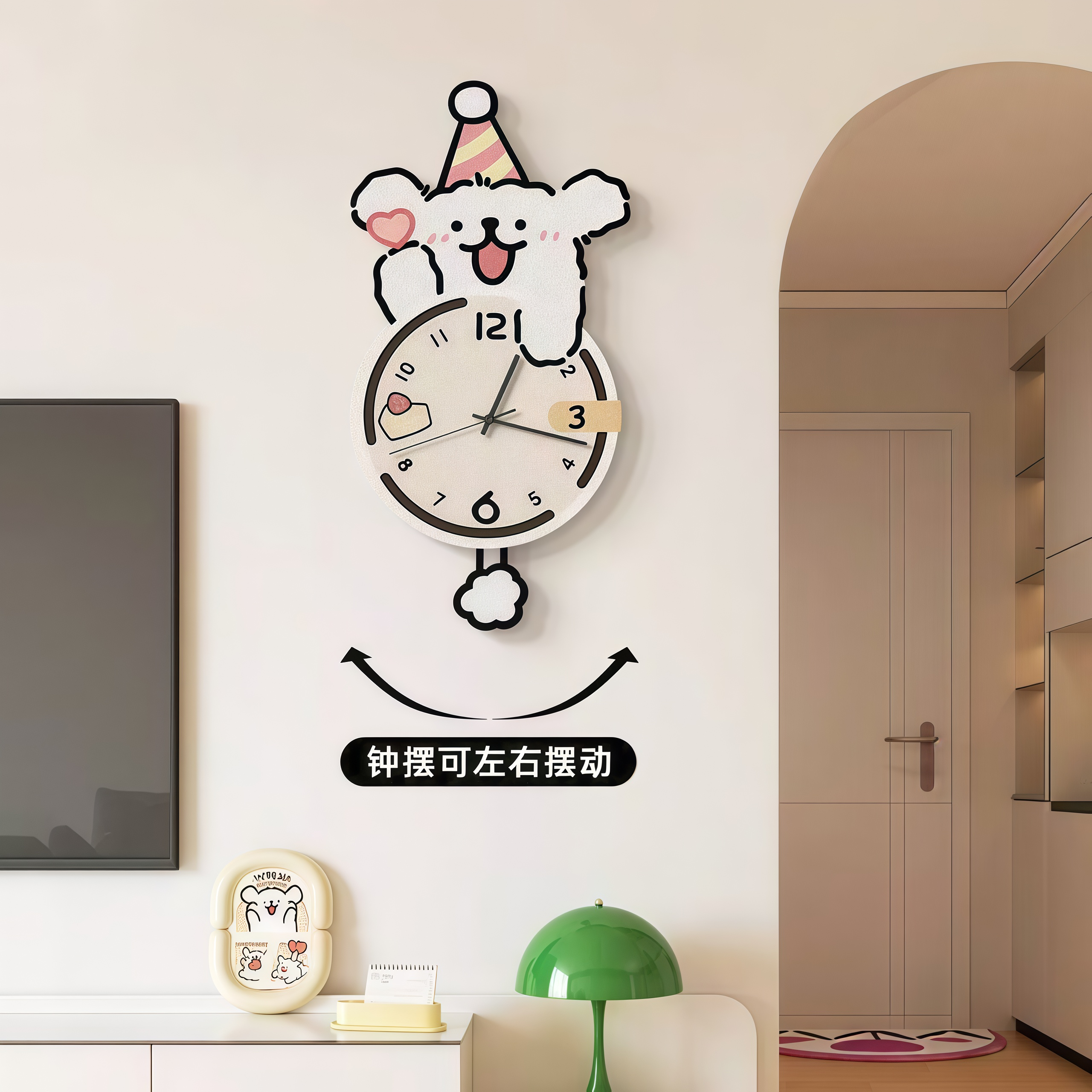 奶油风线条小狗客厅钟表装饰画卡通餐厅时钟挂画创意儿童房摆挂钟图片