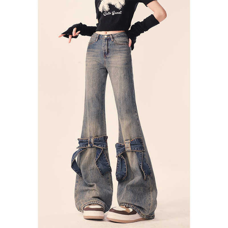 美式复古蝴蝶刺绣微喇叭牛仔裤子女2026新款春夏季薄款高腰拖地裤