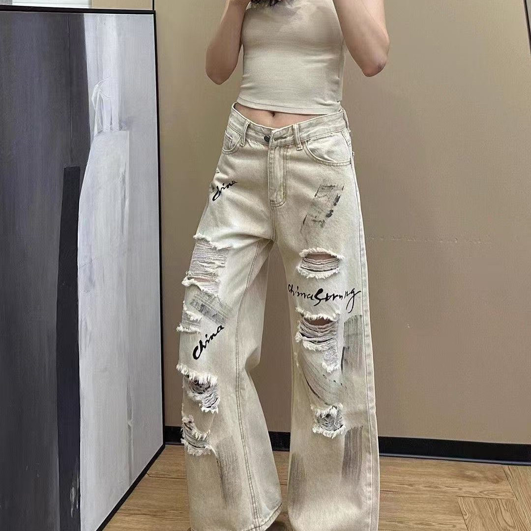 美式破洞字母印花牛仔裤女2026夏季薄款宽松显瘦阔腿裤休闲拖地裤