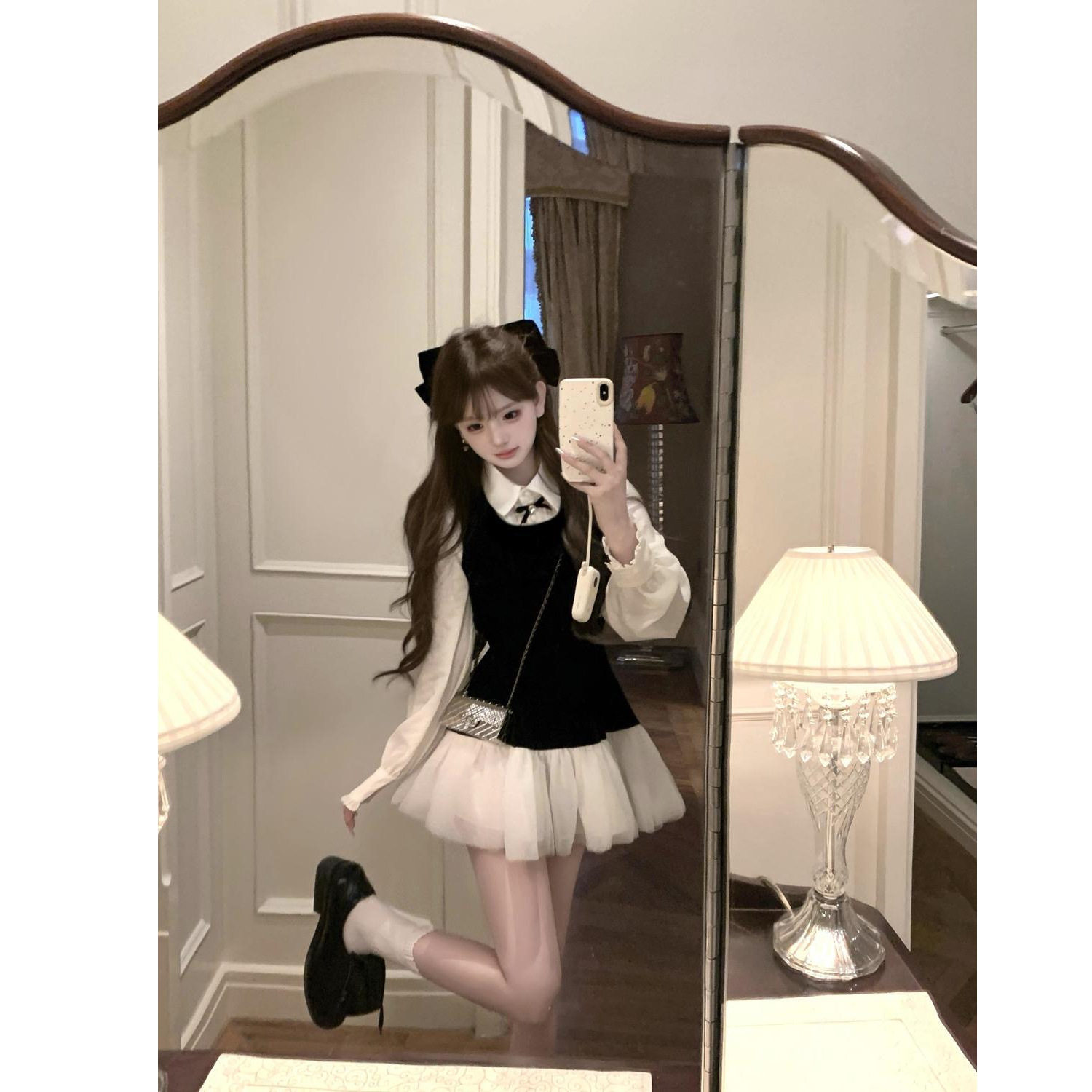 套装女春夏新款韩系学院风丝绒拼接纱网无袖背心连衣裙内搭衬衫