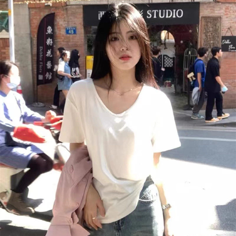 92棉8氨纶弹力U领正肩宽松短袖t恤女装夏季纯棉体恤显瘦白色上衣