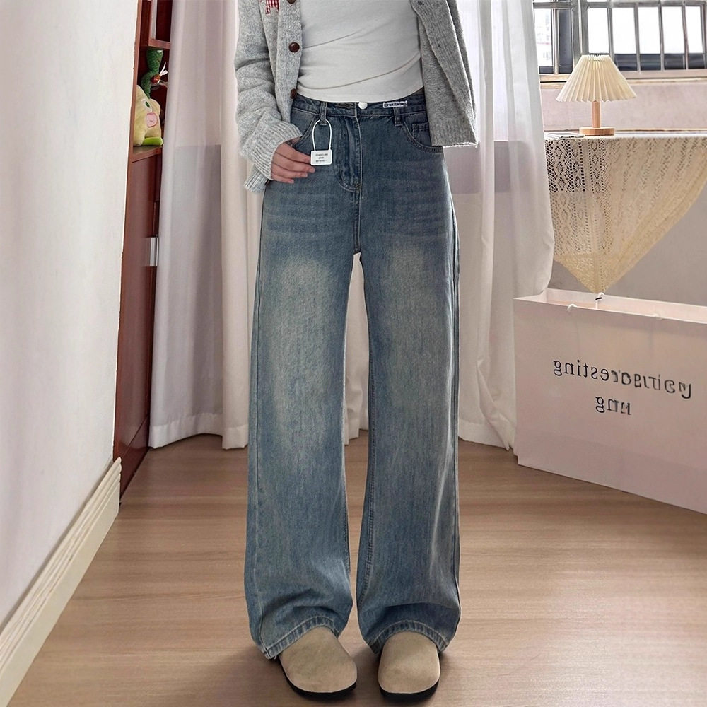 春秋新款复古牛仔裤女装高腰遮胯显瘦梨形身材宽松垂感直筒阔腿裤