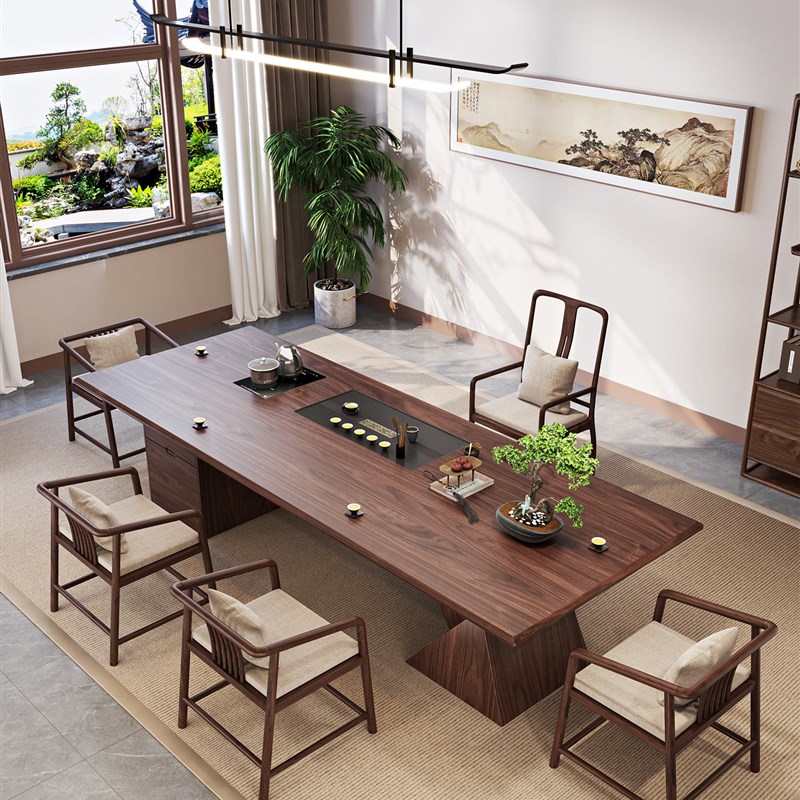 胡桃木茶桌椅组合新中式实木茶台办公家用客O厅泡茶烧水茶盘一体