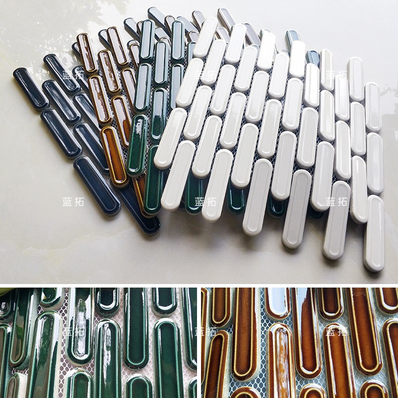 简约长条a椭圆形陶瓷马赛克窑变蓝色瓷砖餐厅咖啡店浴室厨房背景