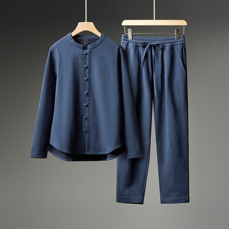 中式秋冬加绒加厚衬衫套装复古休闲唐装衬衣中国风传统茶服两件套