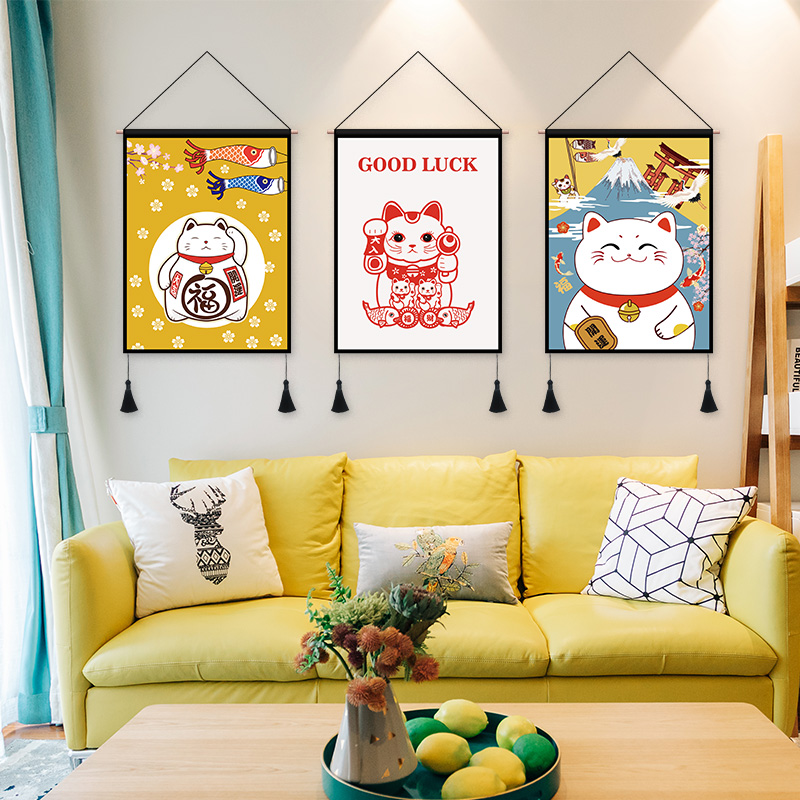壁画客厅挂画日式招财猫挂布宿舍卧室背景布房间床头墙上装饰挂毯