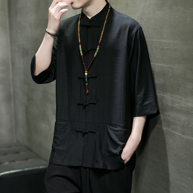 夏季冰丝透气唐装休闲衬衫中式盘扣免烫太极服传统抗皱半袖中山装