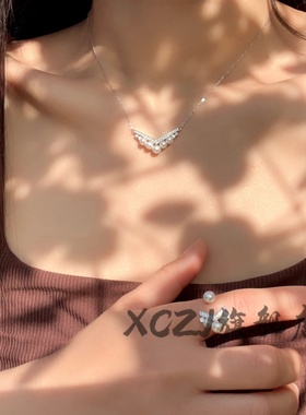 XCZJ项链18k金约瑟芬珍珠钻石水滴V形锁骨链女小众情人节七夕礼物