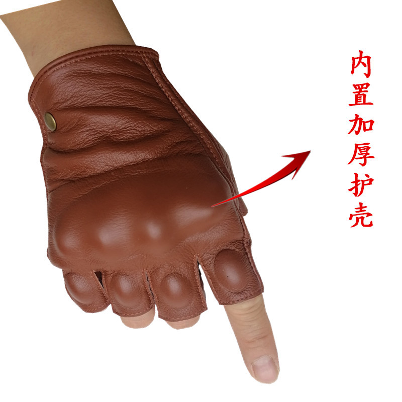 哈雷摩托车牛皮夏季半指减震骑士棕色防摔复古防水骑行女手套