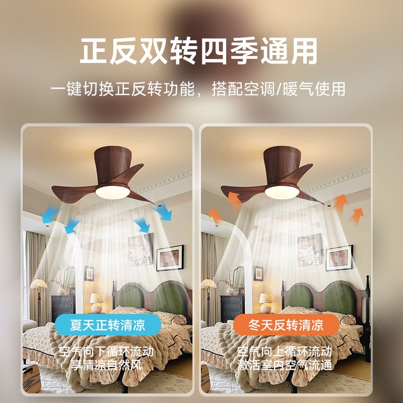 中古风卧室风扇灯吸顶灯侘寂风复古电扇灯胡桃木色静音餐厅吊扇灯