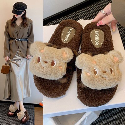 可爱卡通可爱小熊豹纹毛毛拖鞋女冬天居家不臭脚2025新款棉拖鞋