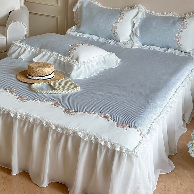 可水洗凉感冰丝凉席三件套小清新花卉刺绣床裙可折叠夏季空调席子