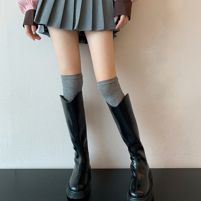 多巴胺克莱因蓝长筒过膝靴袜春秋B薄款粉色高筒袜黑色堆堆袜配靴