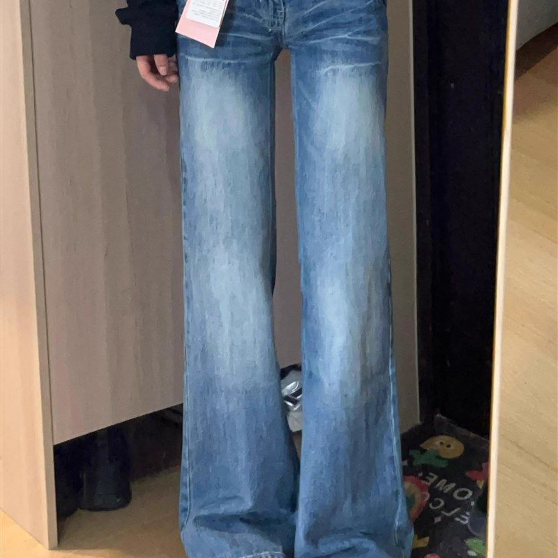 设计感中低腰微喇叭牛仔裤女秋季新款美式复古蓝宽松显瘦垂感裤子