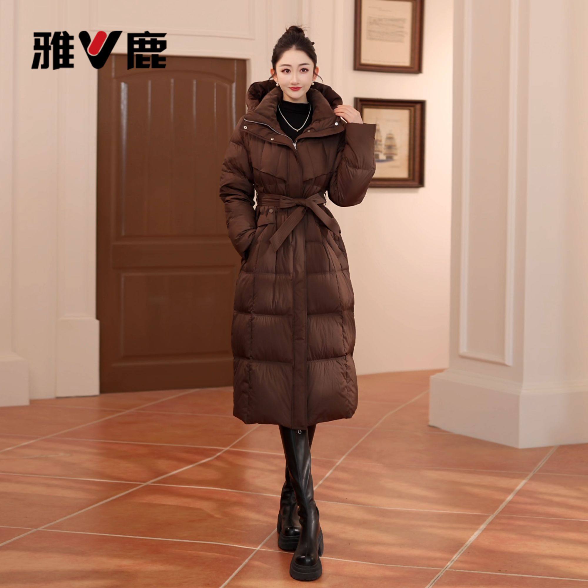 长款羽绒服女冬季新款加厚连帽带腰带休闲系带修身收腰外套