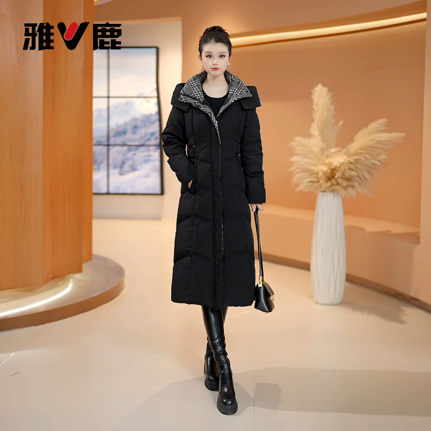 雅鹿羽绒服白鸭绒保暖连帽简约时尚百搭修身长款千鸟格收腰羽绒服