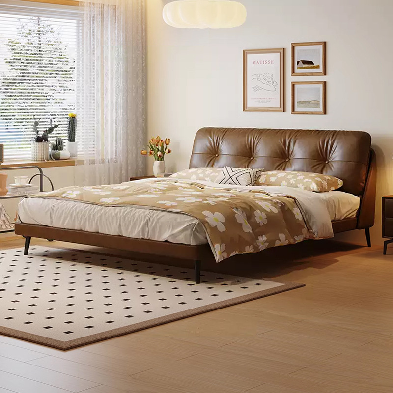 法式复古风羽绒软包头层牛皮床简约主卧棕色皮床大小户型双人婚床