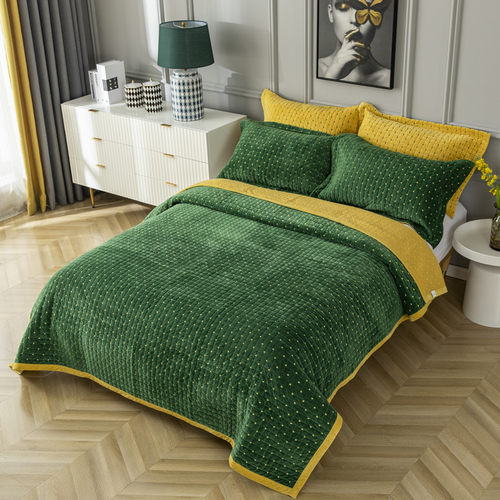 双面床盖单件法兰绒毛绒绗缝被床盖三件套绒毯子加厚床单冬夏两用