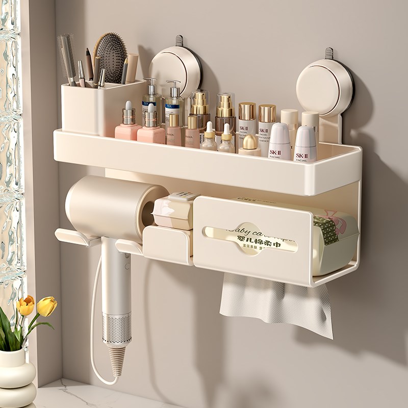卫生间吸盘置物架免打p孔壁挂卷纸巾架奶白吹风机放置擦手纸收纳