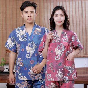男女棉麻印花汗蒸服桑拿服 合逸衣 酒店浴场浴衣按摩服足浴服CM06