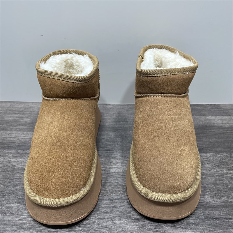 断码处理真皮厚底雪地靴女冬季百搭圆头松糕底面包鞋加绒保暖棉鞋