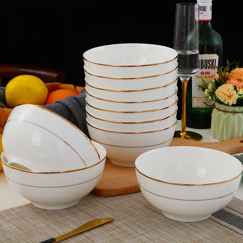 骨瓷米饭碗10个装家用面碗轻奢金边E陶瓷高脚碗汤碗可定制logo