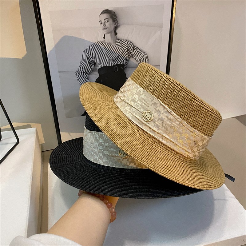 气质草帽M 礼帽遮阳帽太阳帽平顶英E伦沙滩旅游适合拍照的帽子淑