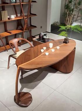 新中式北美黑胡桃木茶桌椅组合客厅阳台现代简约轻奢实木树叶茶台