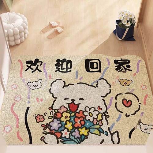 可爱欢迎回家入户门丝圈地垫奶油风玄关除尘家用可裁剪防滑门垫厚