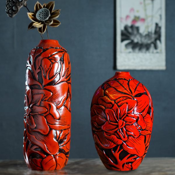中式现代双耳如意红花漆器花瓶树脂工艺花器新房家居装饰摆件婚庆