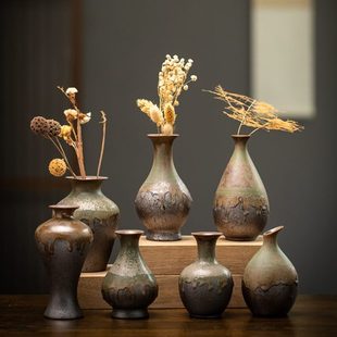 饰中式 复古粗陶花瓶小号禅意手工陶瓷水培花器家居客厅装 插花摆件