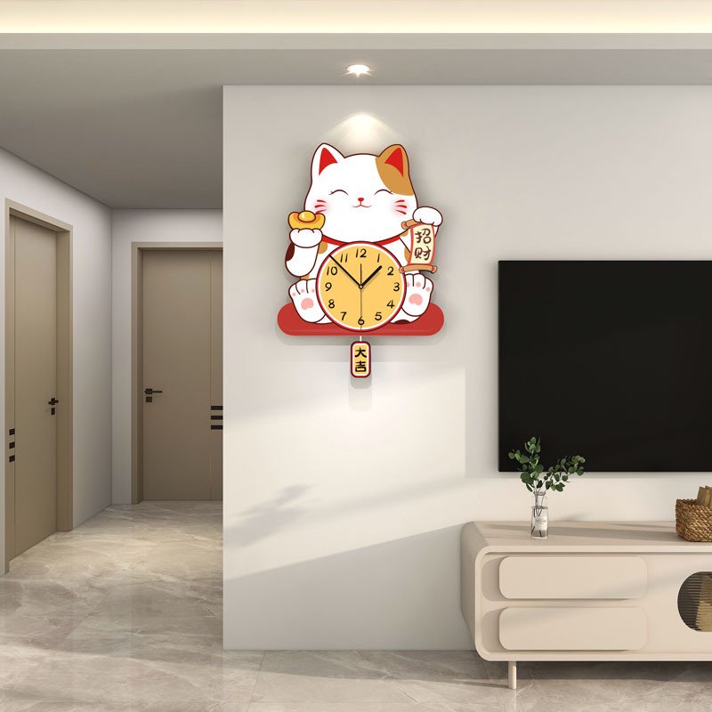 可爱招财猫挂钟创意时钟高级感挂墙家用玄关背景装饰钟表客厅简约