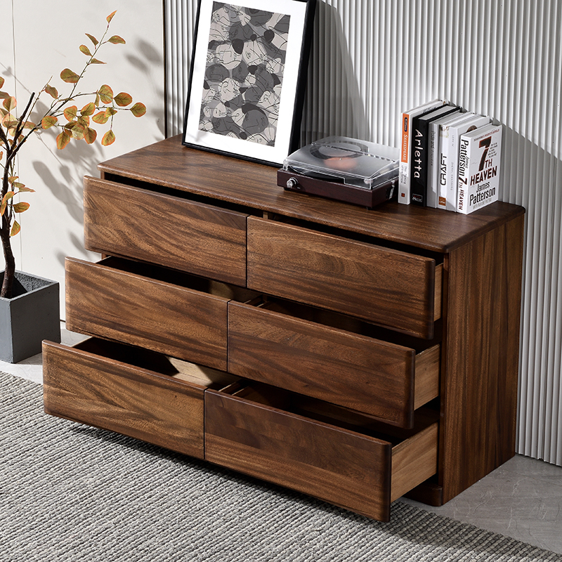 黑胡桃木六斗柜客厅简约实木置物柜抽屉柜 卧P室收纳储物边柜原木