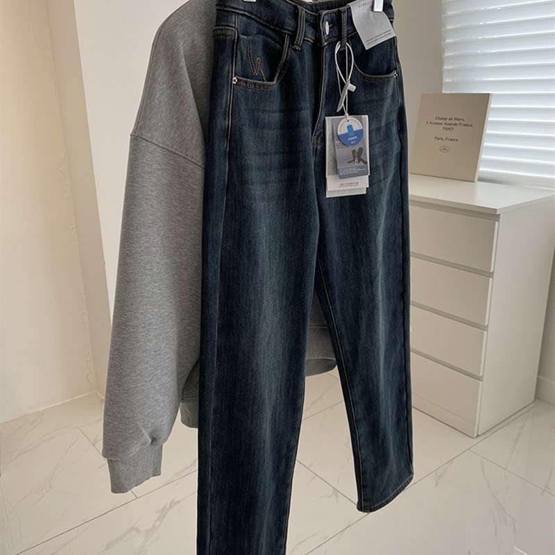 加绒加厚九分直筒牛仔裤女!冬y季复古蓝灰色高腰显瘦小个子法棍裤