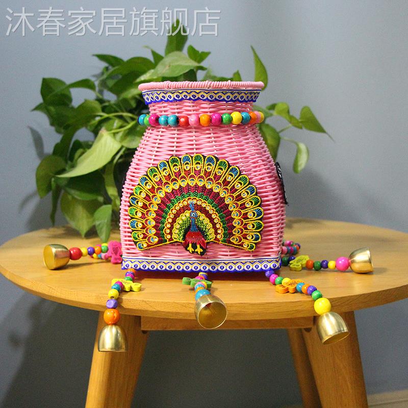 新款珠帘小d背54041篓庙会景区热竹编藤编鱼篓儿童背篓彩色背兜风