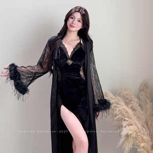 「JoyPicks」黑道千金 性感长款金丝绒吊带睡衣女法式睡裙外袍