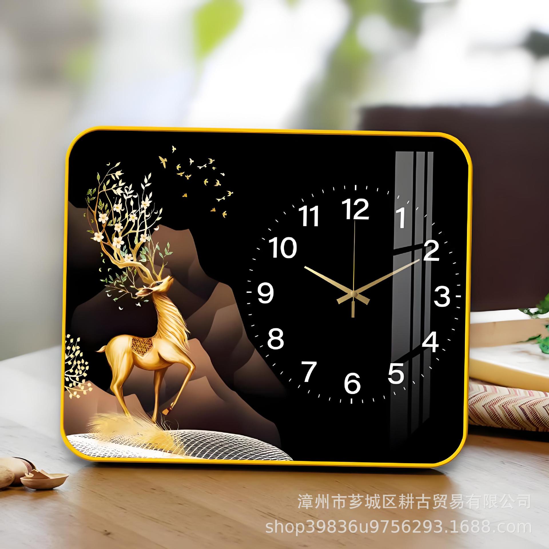 轻奢玄关装饰画现代简约创意带钟表餐厅挂画时钟麋鹿座钟图片