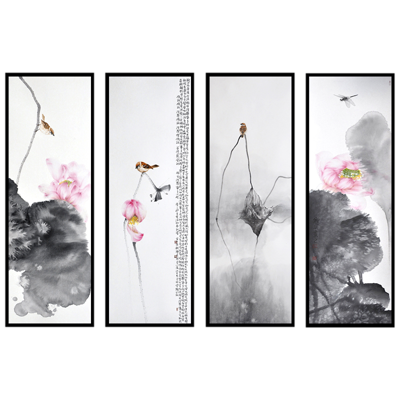 新中式客厅装饰画沙发背景墙玄关挂画餐厅壁画油画三联水墨荷花画图片