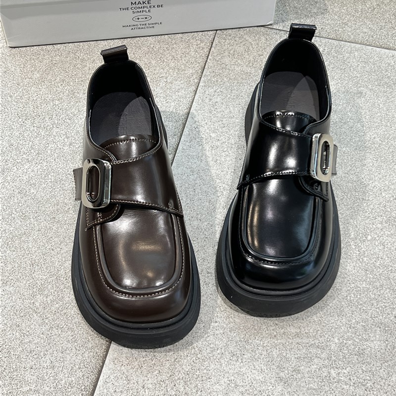 韩流时尚~2023秋新款u厚底魔术贴银扣乐福鞋女百搭英伦小皮鞋