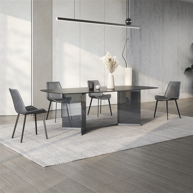 2022新款极简意式高端t餐桌岩板餐桌简约现代长方形黑色餐桌椅组