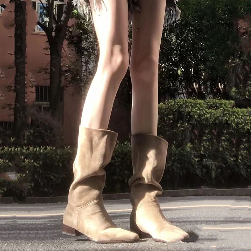 堆堆褶皱长筒靴女西部牛r仔靴高筒靴女尖头西部牛仔靴套筒骑士靴