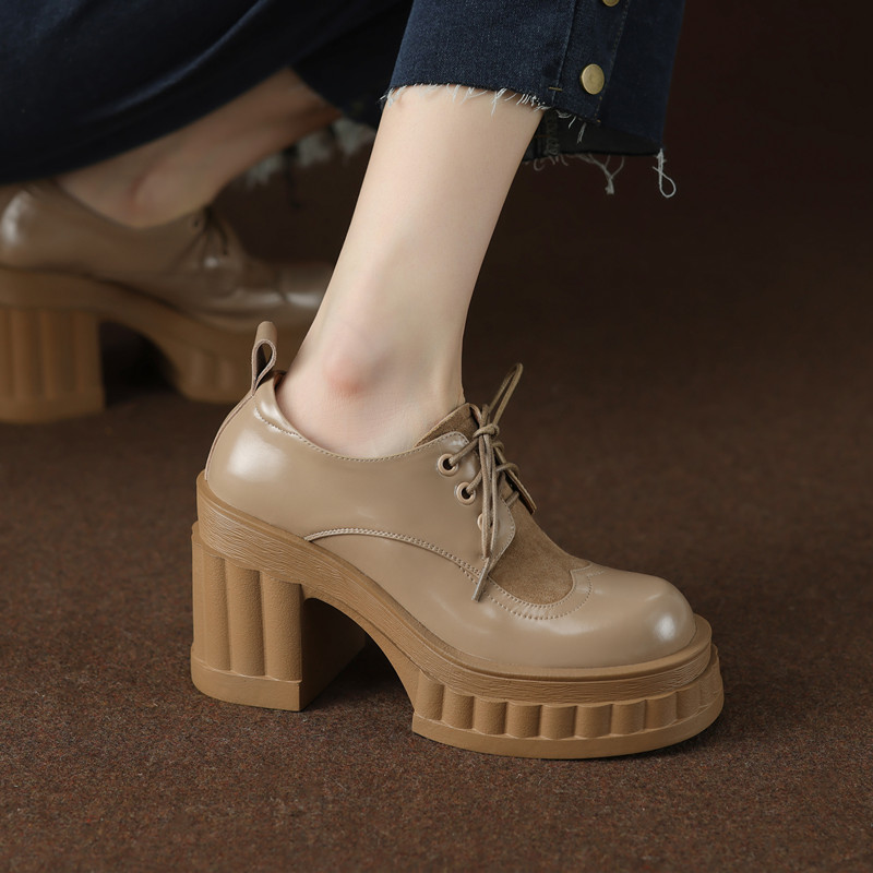 2023春新e款磨砂真皮厚底系带小皮鞋女粗跟防水台圆头杏色高跟单