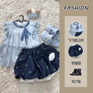 夏季搭配一整套2026新款韩系减龄飞飞袖上衣蝴蝶结花苞裙两件套女