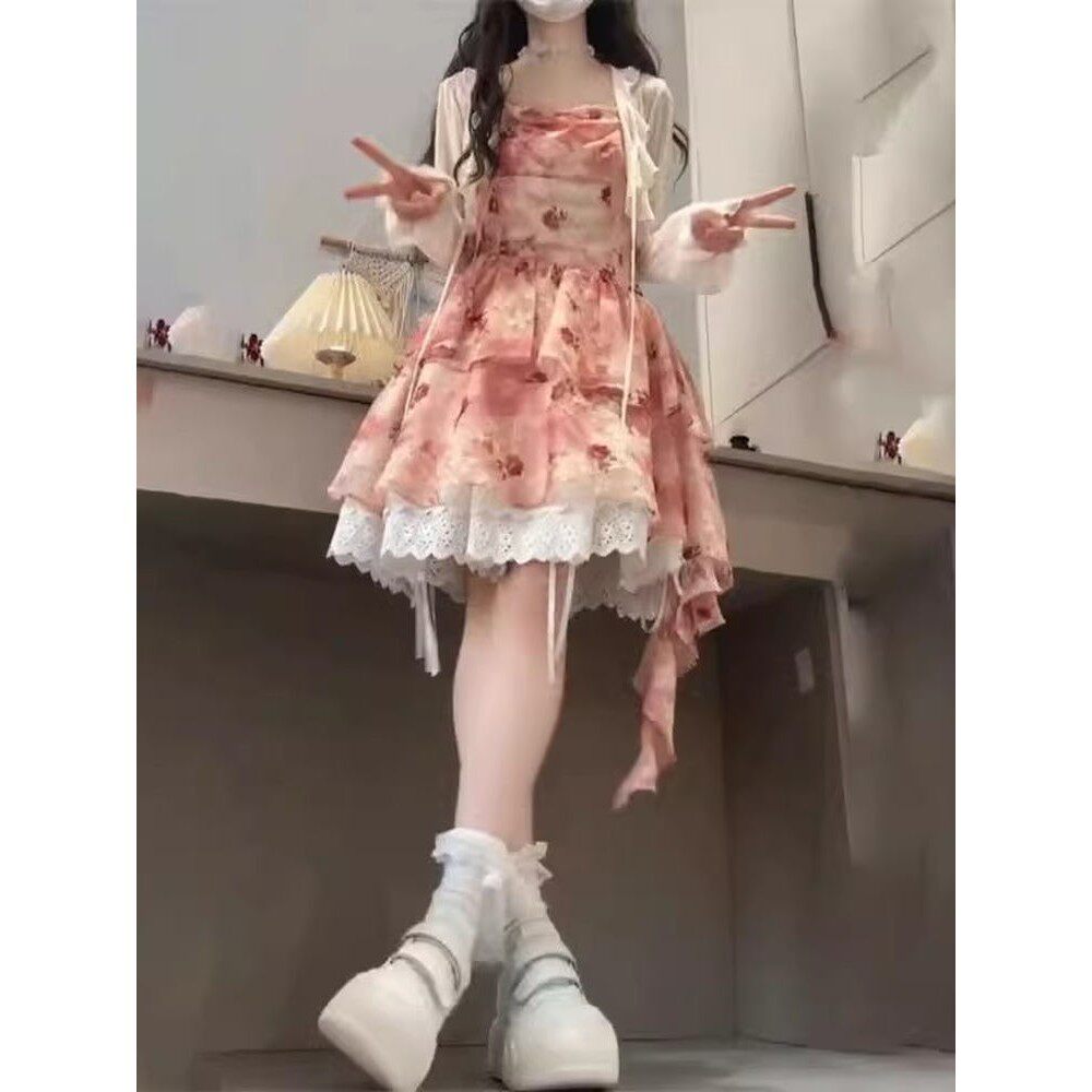 韩系chic别致夏日穿搭不规则吊带连衣裙女学生小个子防晒披肩开衫