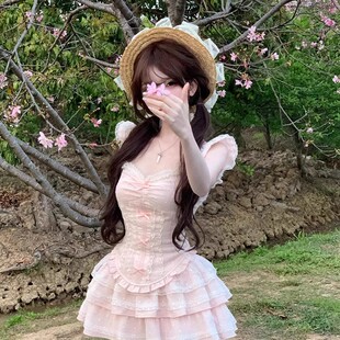 甜美独特套装裙女夏小个子纯欲小飞袖上衣蛋糕蓬蓬半身短裙两件套